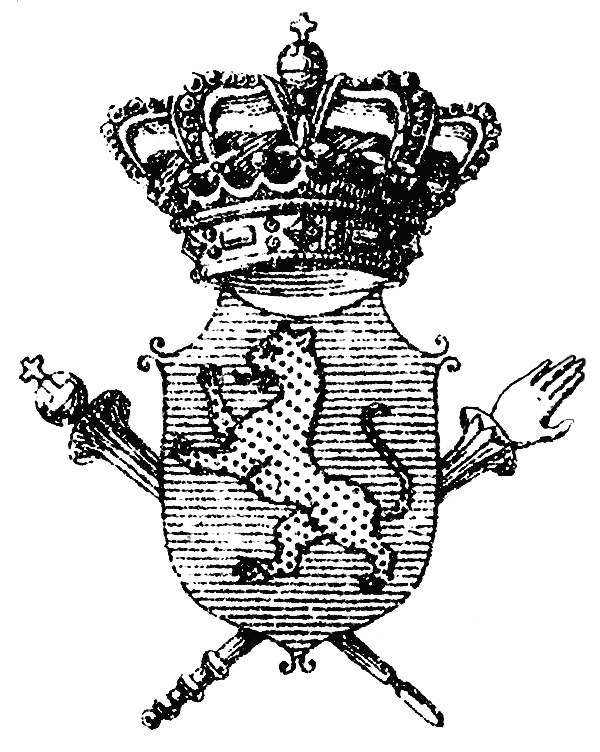 A coat of arms with a crown, a lion on a shield and crossed sceptres