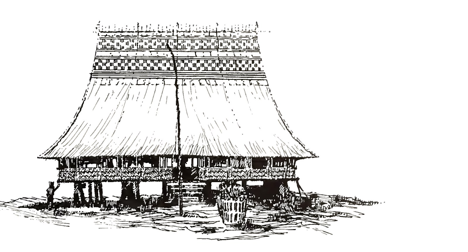 A drawing of a Sedang communal house with a high curved roof