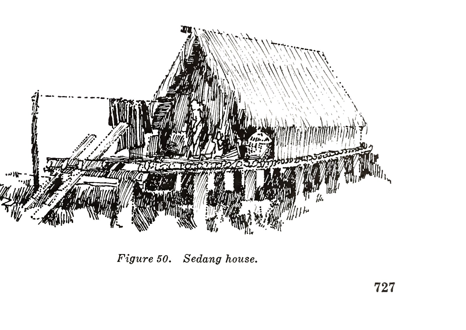 A drawing of a Sedang longhouse on piles