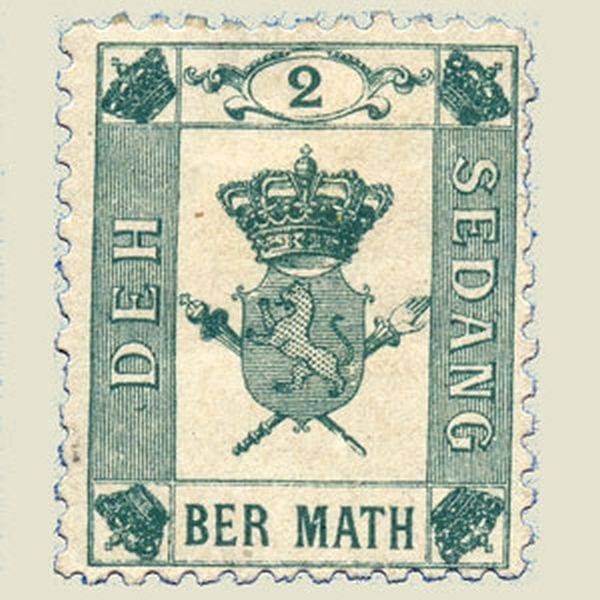 A green postage stamp with a crowned lion and the words Deh Sedang, 2 Ber Math