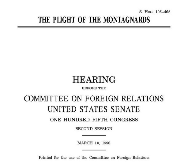 The printed cover of a Senate hearing record, The Plight of the Montagnards, March 10, 1998