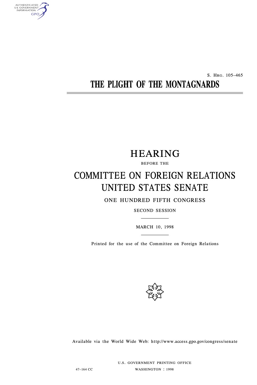 The title page of a US Senate hearing, The Plight of the Montagnards, Committee on Foreign Relations