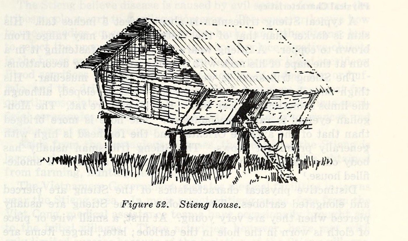 A drawing of a Stieng house on the ground with a thatched roof