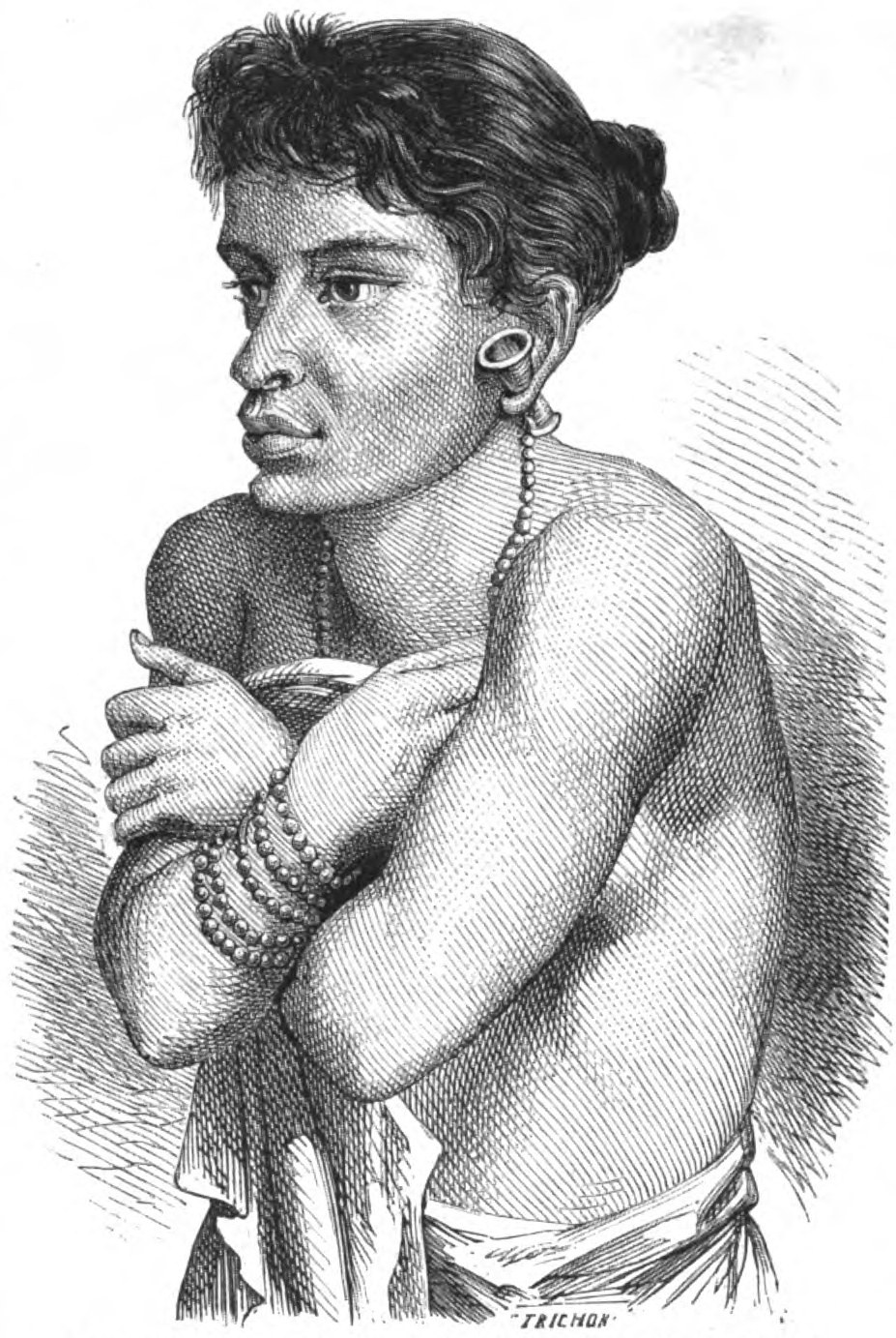An engraving of a Stieng man standing with a crossbow and a basket on his back
