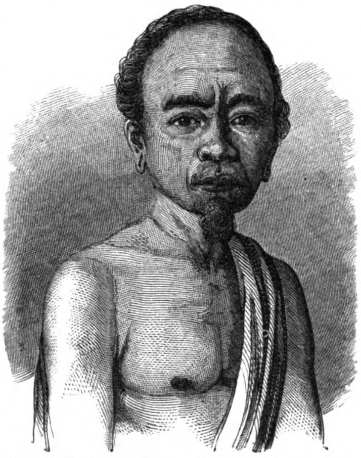 An engraving of a bare-chested man with long hair tied back, seen from the side