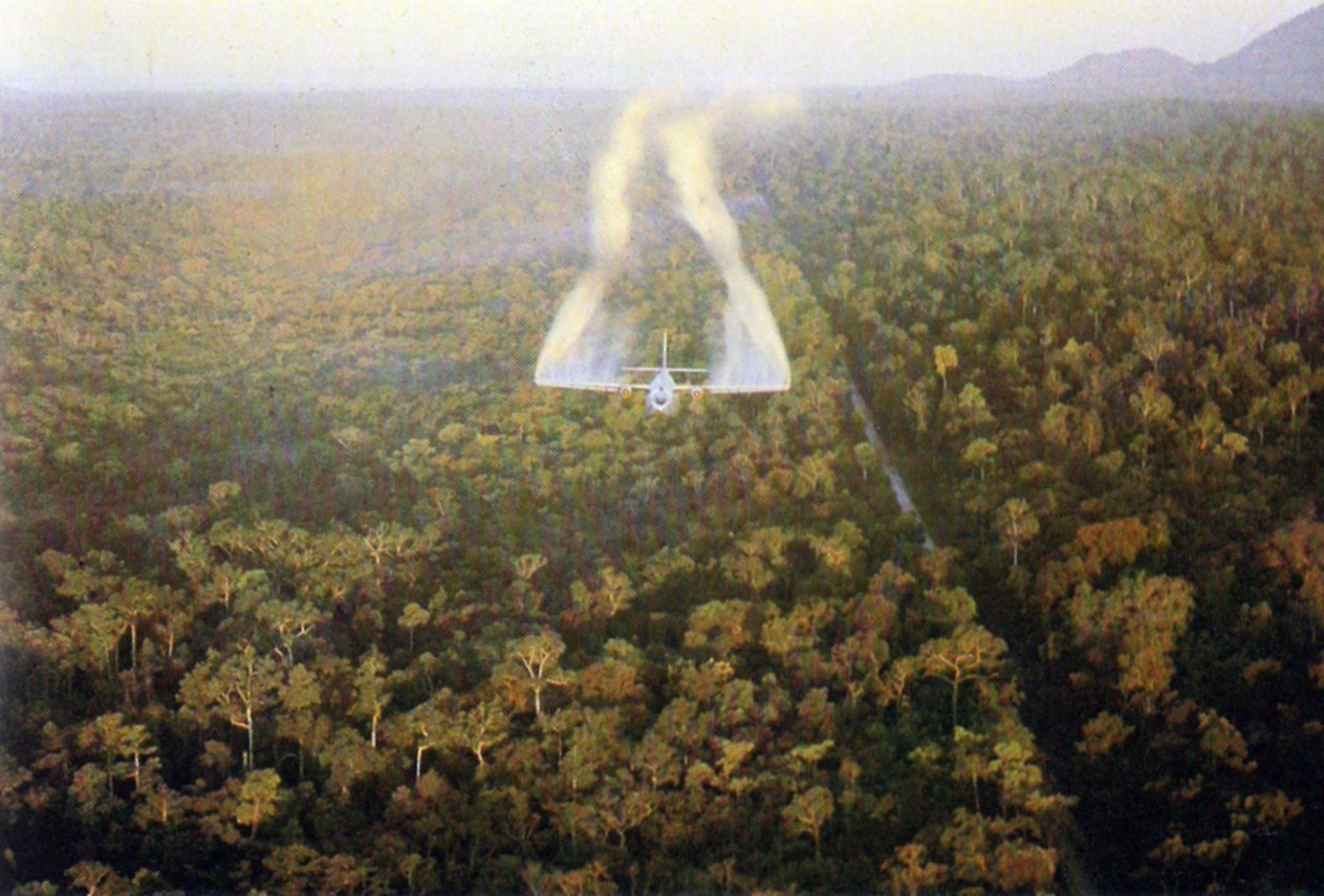 A twin-engined aircraft with Vietnamese markings spraying beside a road through forest