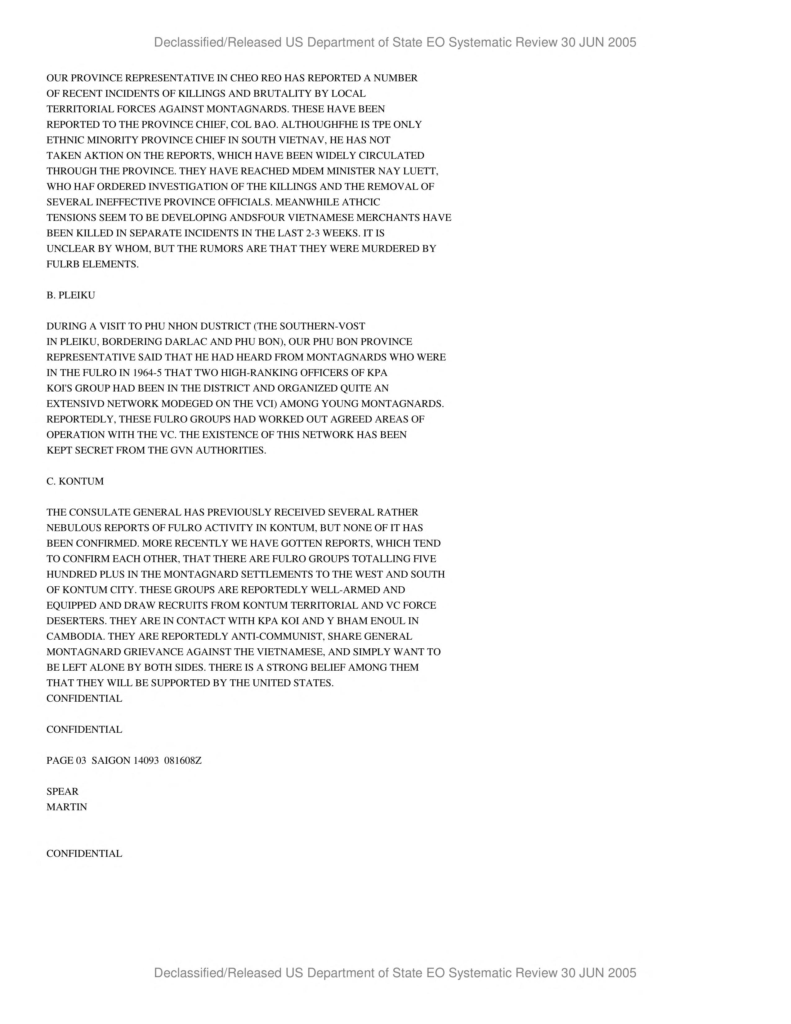 A typed page of a declassified State Department cable from Saigon, November 1974, with a section headed Kontum