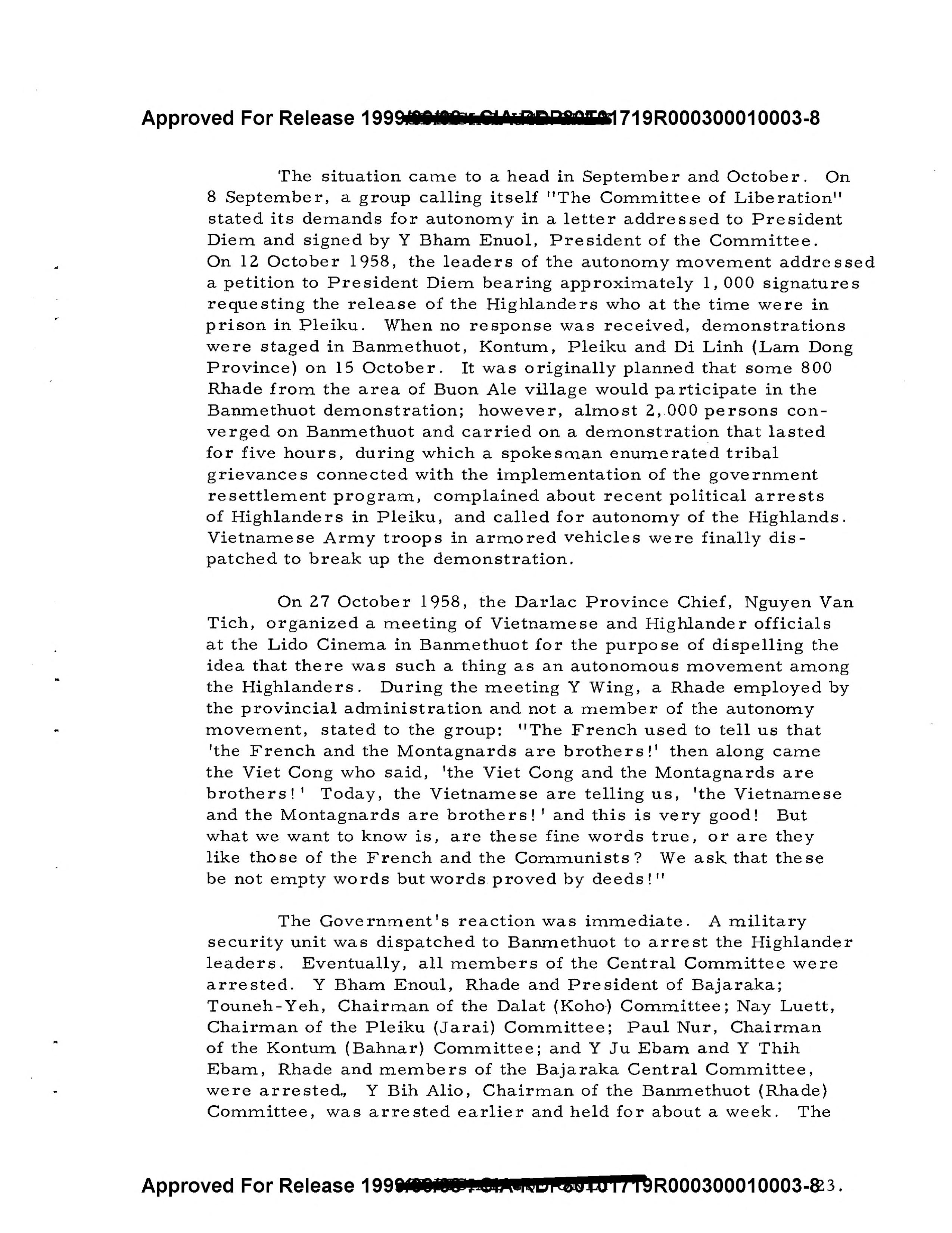 A typed page of the 1966 CIA study describing the letters of September and October 1958, the demonstration at Ban Me Thuot and the arrests