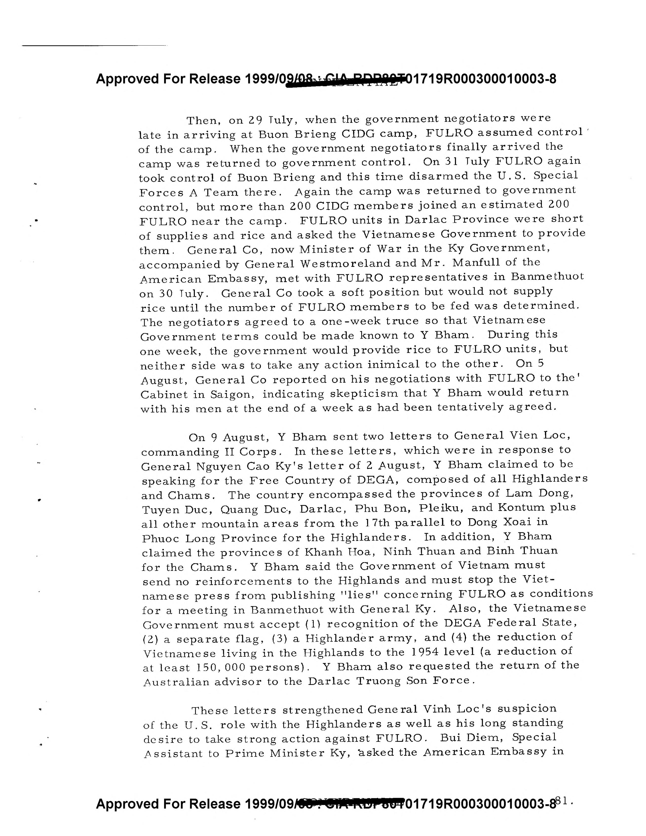 A typed page of the 1966 CIA study describing the letters of August 9, 1965 in the name of the Free Country of DEGA