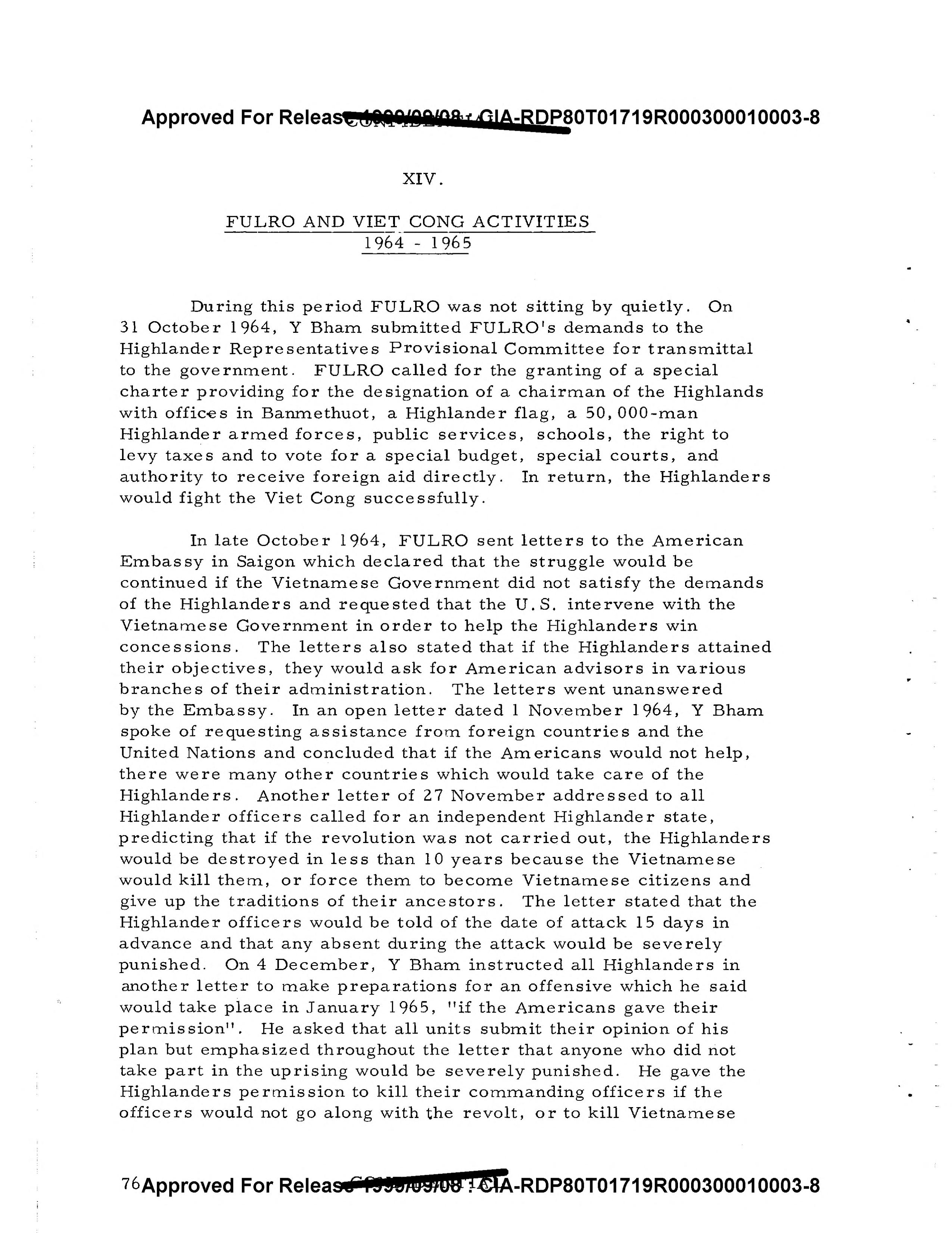 A typed page headed FULRO and Viet Cong Activities 1964-1965, listing the demands of October 31, 1964 and the letters that followed