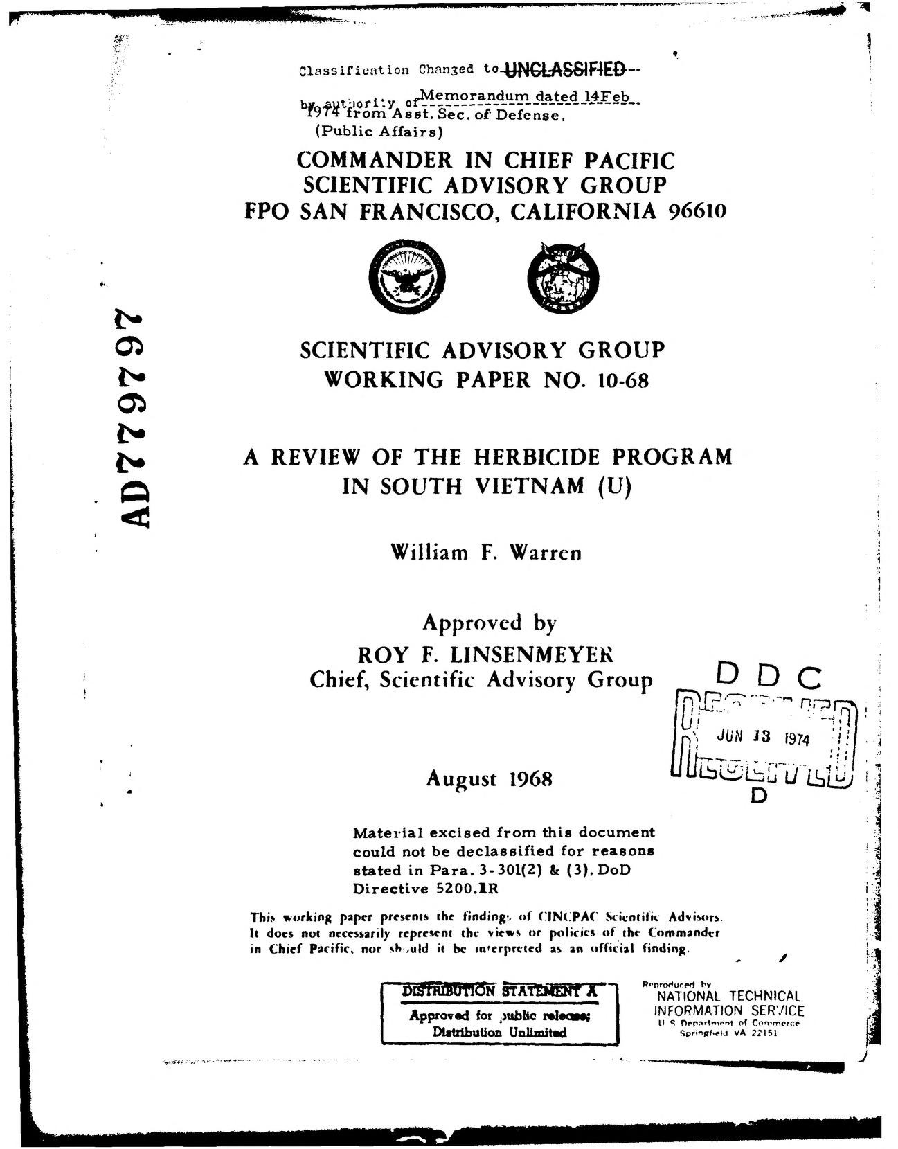 The typed title page of a declassified military working paper