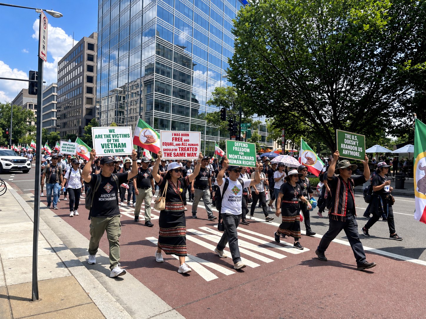 Marchers on a crosswalk holding signs about Montagnard human rights