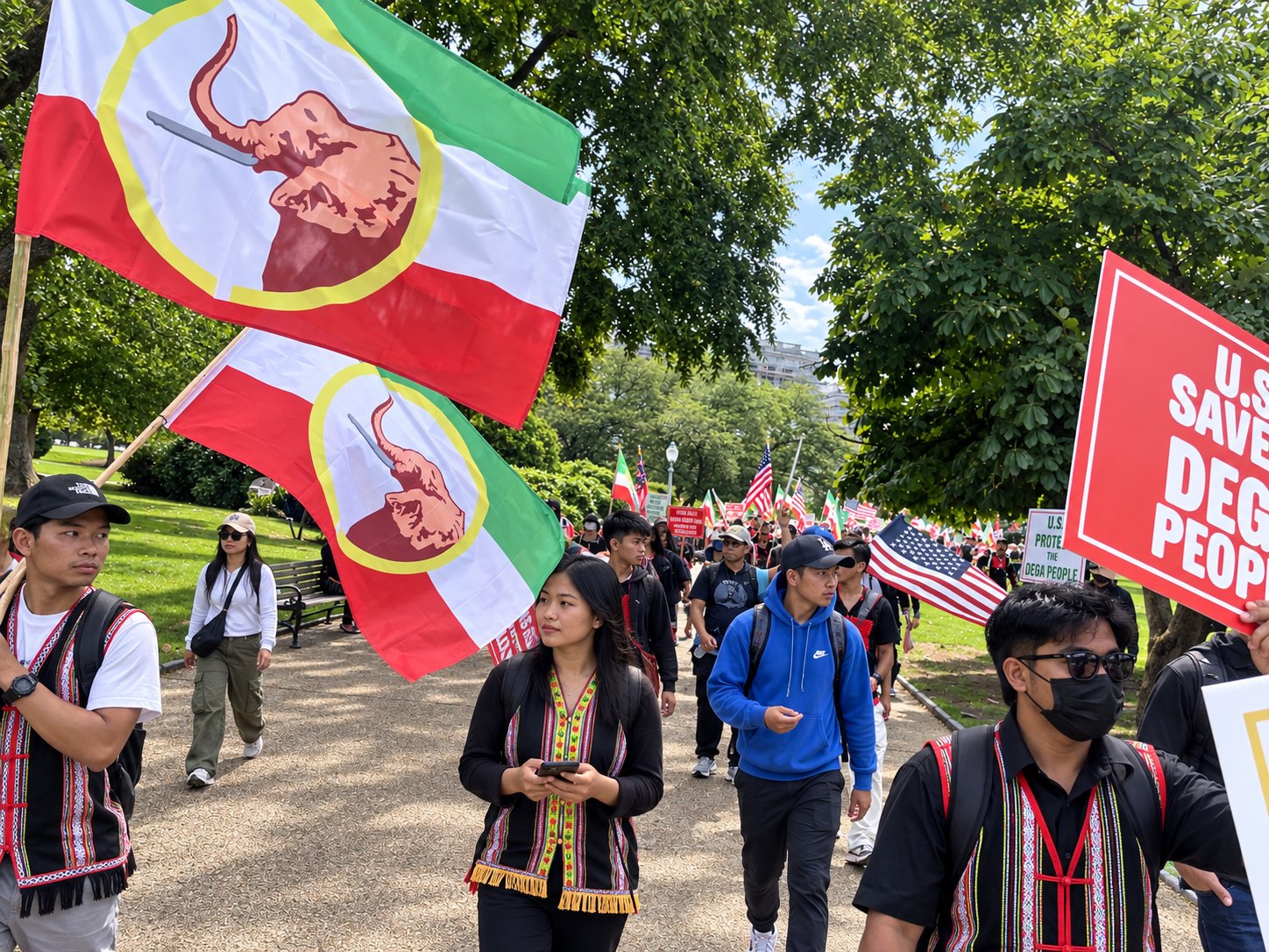 Two Dega flags with the elephant emblem carried at the head of the march