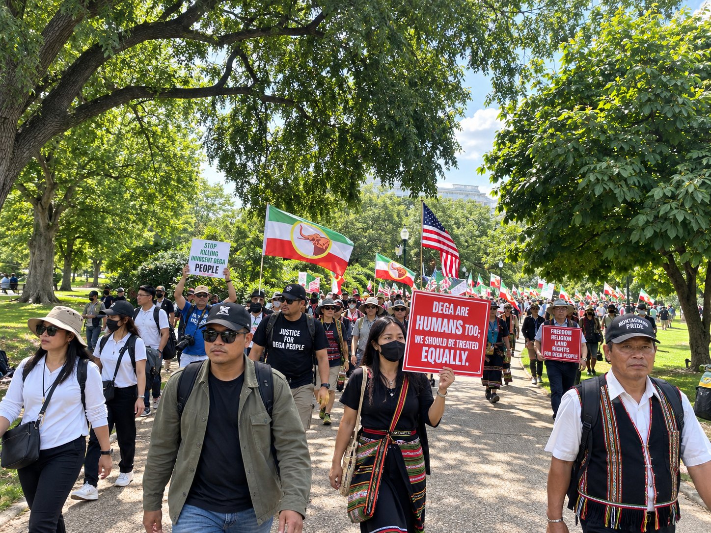 Marchers walking a tree-lined path in Washington behind Dega flags and placards