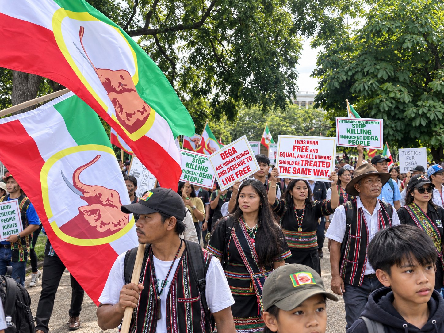 An elder, a woman holding a placard and a boy walking among the marchers