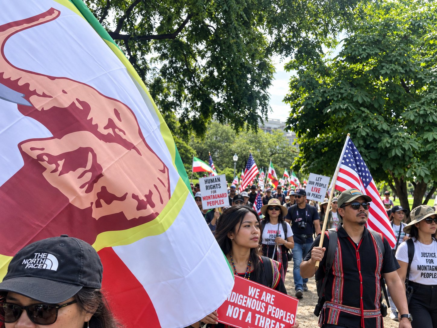 A marcher carrying the flag of the United States beside the Dega flag