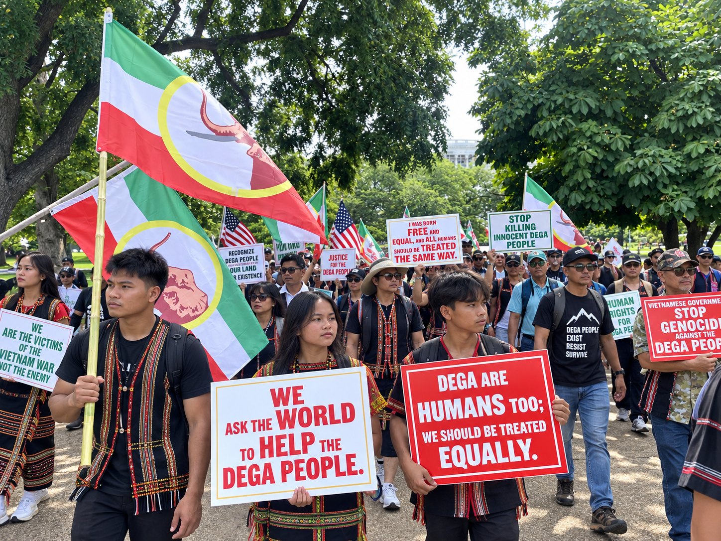 Young Dega in embroidered dress holding signs asking the world to help the Dega people