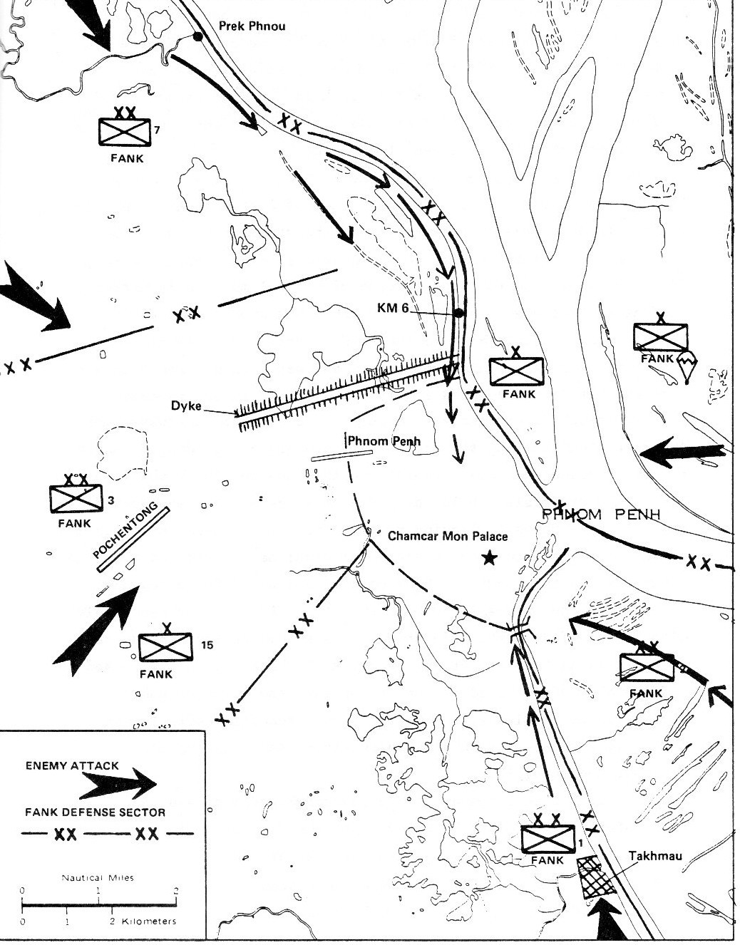 A printed military map of Phnom Penh and its surroundings in April 1975 showing the Khmer Rouge positions around the city