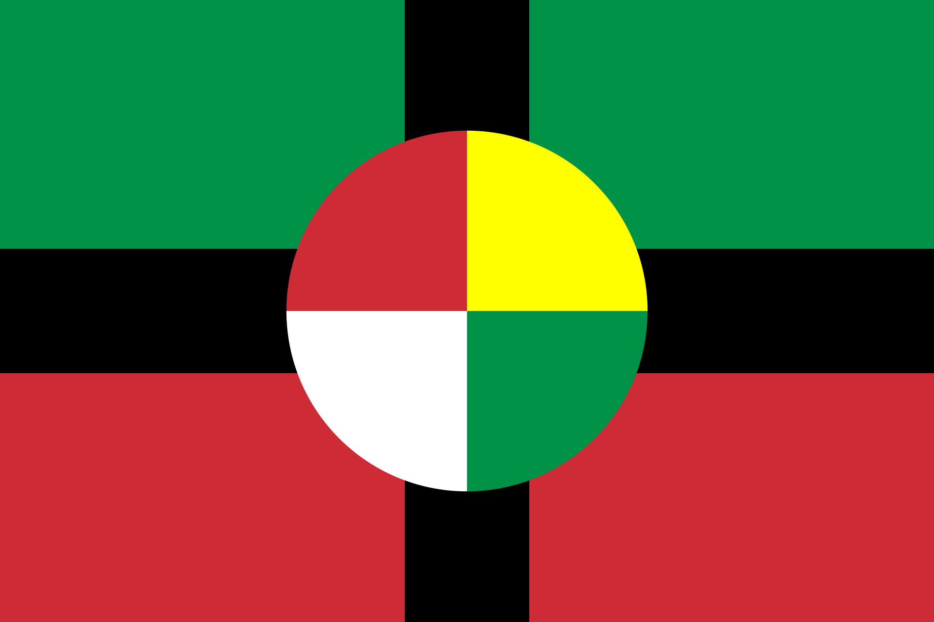 A flag divided by a black cross, green above and red below, with a disc quartered in red, yellow, white and green at the center