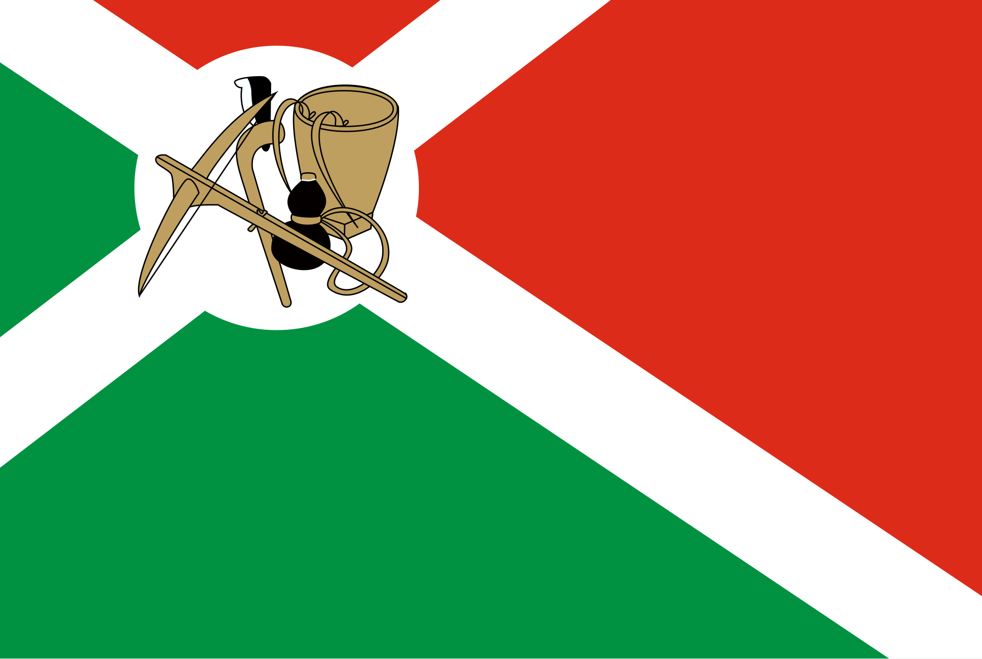 A flag divided diagonally, green below and red above, with a white diagonal band and an emblem in a white disc