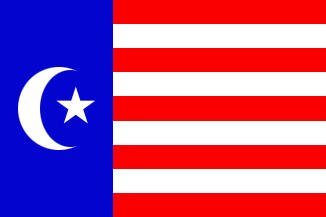 A flag with a blue panel bearing a white crescent and star, red and white stripes, and a red fly
