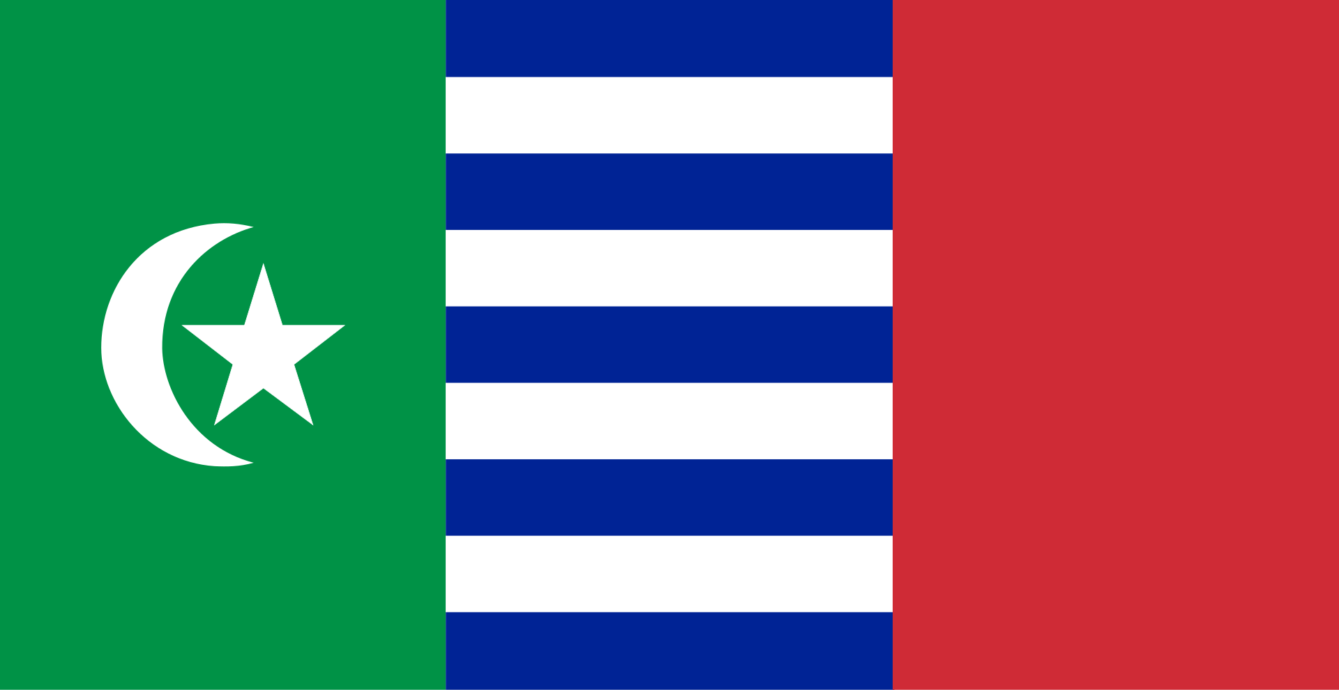 A flag with a green hoist bearing a white crescent and star, blue and white stripes, and a red fly