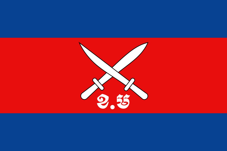 A blue, red and blue flag with two crossed white blades and two letters in the center