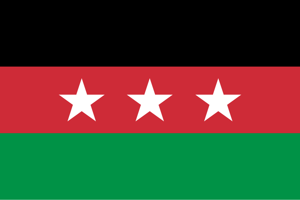 A flag of three horizontal stripes, black, red and green, with three white stars on the red
