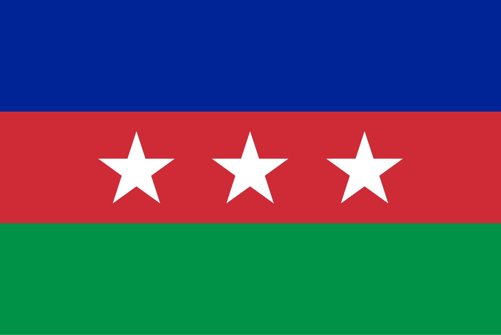 A flag of three horizontal bands, blue, red and green, with three white stars on the red band