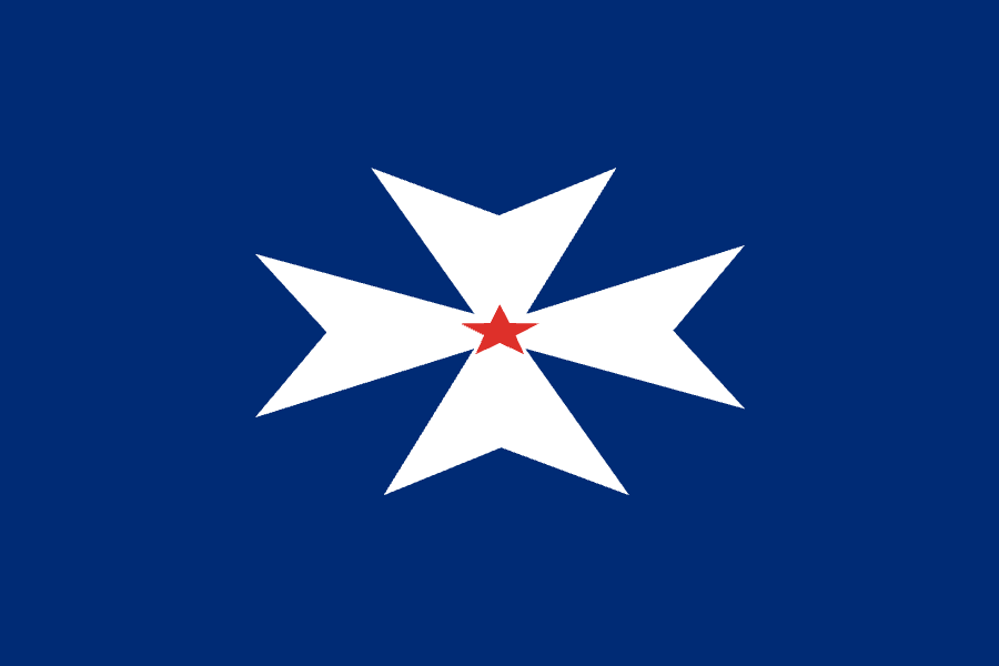 A blue flag with a white Maltese cross and a red star at its center