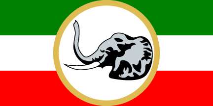 A flag of green, white and red bands with an elephant in a gold ring on a white disc