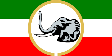A green, white and red flag with an elephant inside an open gold ring