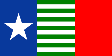 A flag with a blue hoist and a large white star, green and white stripes, and a red fly