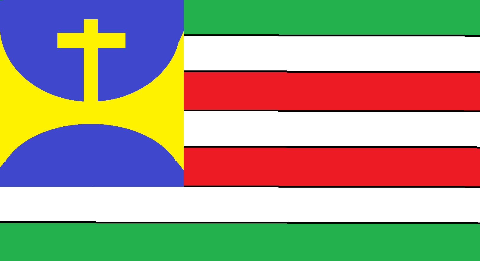 A flag of green, white and red stripes with a blue canton bearing a thin yellow cross