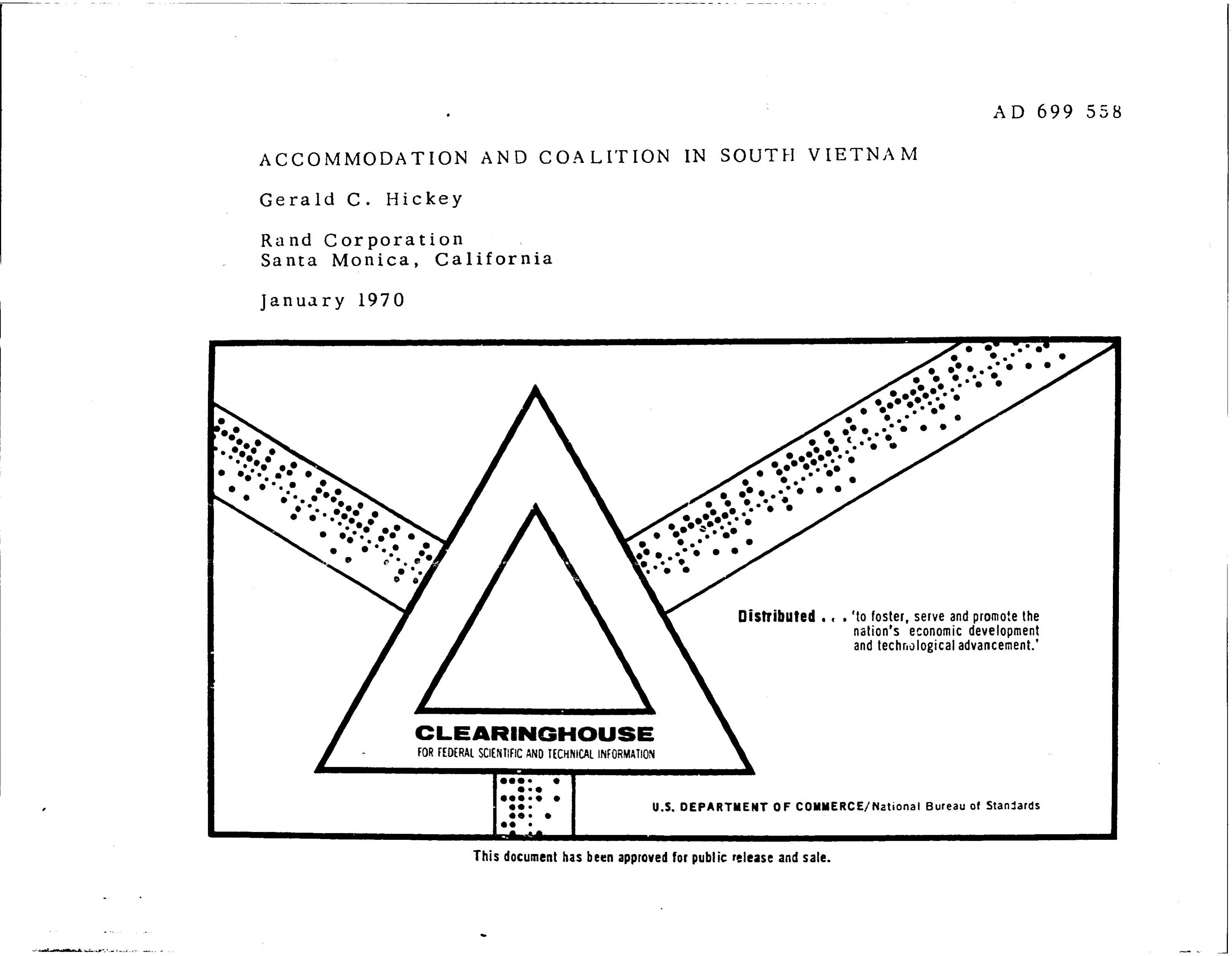 The clearinghouse title sheet of RAND paper P-4213, Accommodation and Coalition in South Vietnam, by Gerald C. Hickey, January 1970