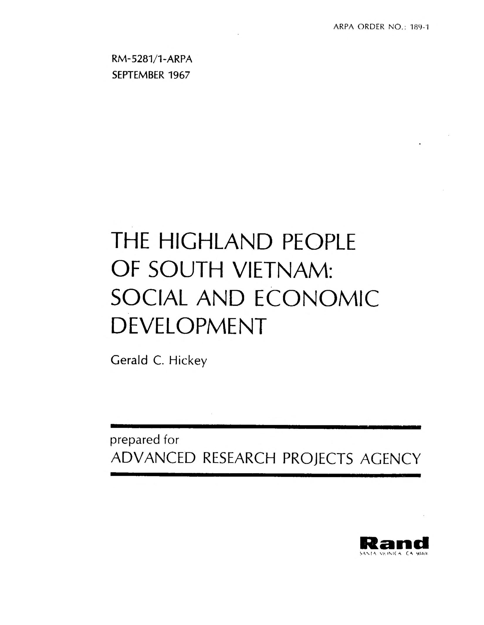 The cover of a RAND memorandum, The Highland People of South Vietnam: Social and Economic Development, by Gerald C. Hickey, September 1967
