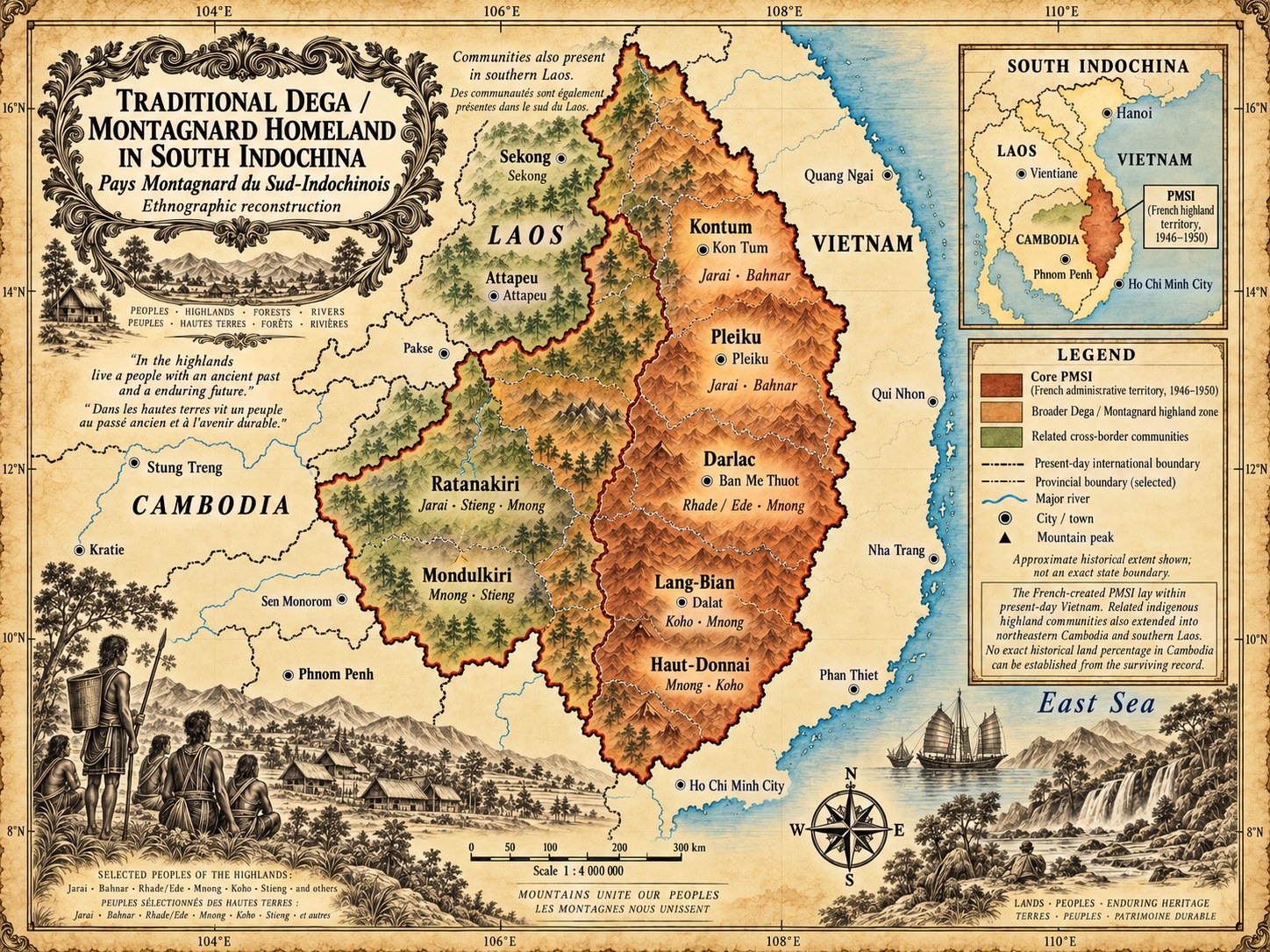 Ethnographic map of the traditional Dega homeland in South Indochina, showing the core Pays Montagnard du Sud-Indochinois of Kontum, Pleiku, Darlac, Lang-Bian and Haut-Donnai, the wider highland zone, and related communities in northeastern Cambodia and southern Laos
