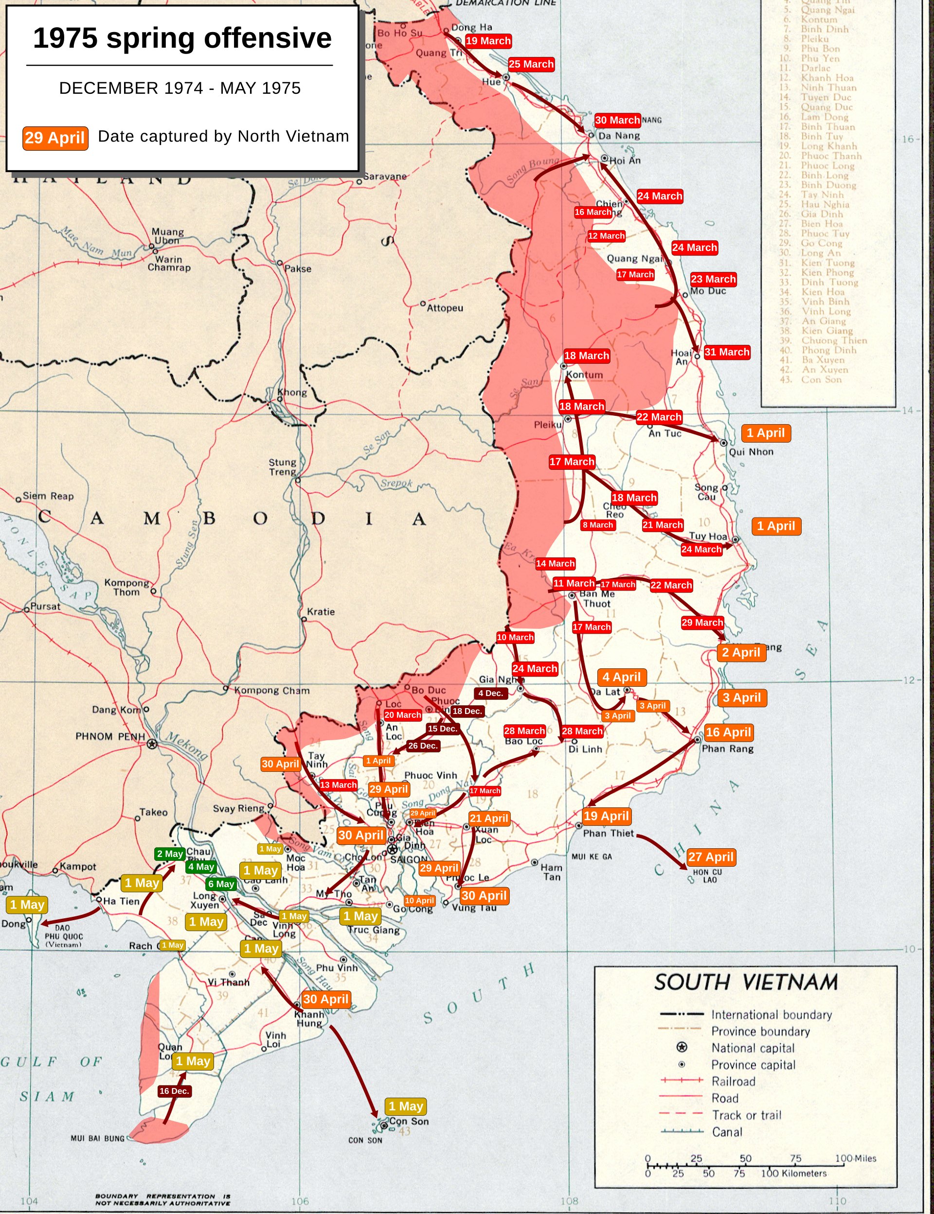 Map of South Vietnam with the dates on which each town fell in 1975