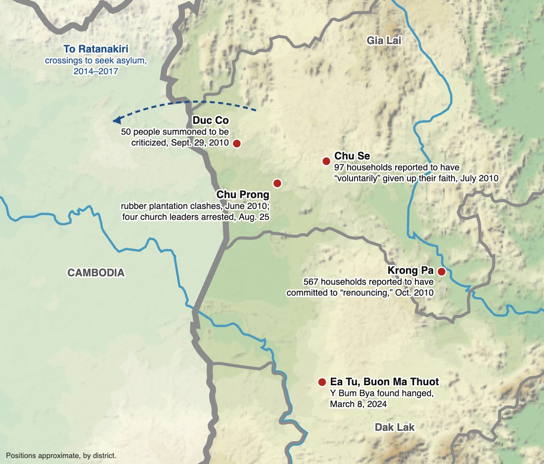 Relief map of Gia Lai and Dak Lak marking Chu Prong, Chu Se, Duc Co, Krong Pa and Ea Tu, with an arrow west across the border to Ratanakiri