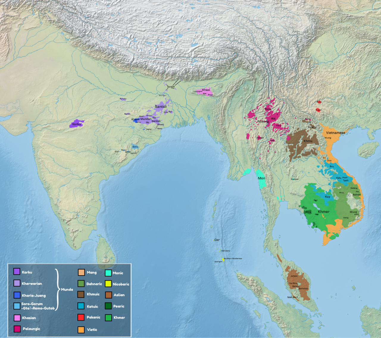 A map of mainland Southeast Asia and India with the Austroasiatic language groups colored