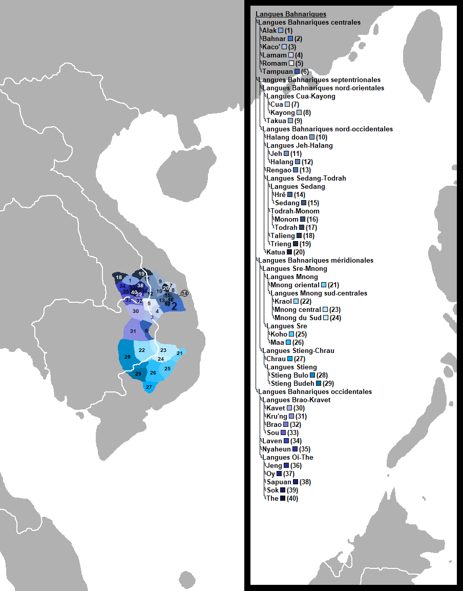 A map of the Bahnaric languages of Vietnam, Cambodia and Laos, colored by branch