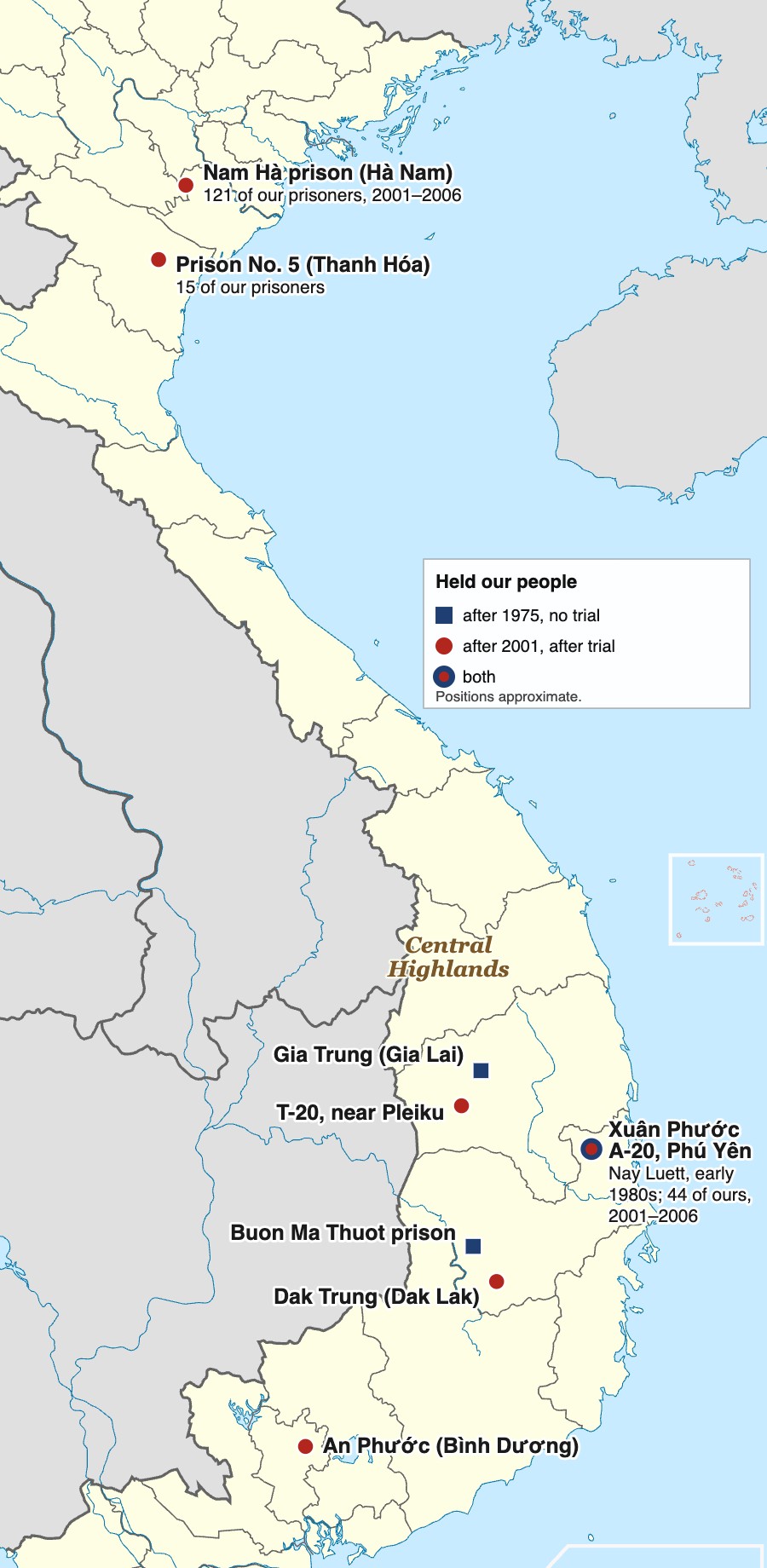 Map of Vietnam marking camps and prisons in the north, on the coast and in the Central Highlands