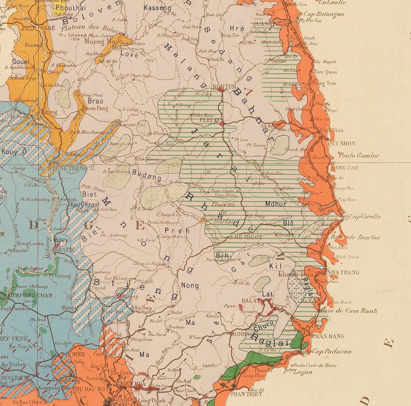 A colored French map of southern Indochina with the names of the highland peoples written across the plateau