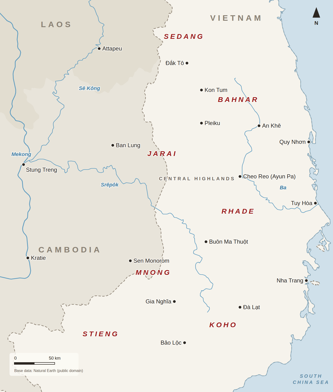 Map of the Central Highlands of Vietnam and the neighboring parts of Cambodia and Laos, showing towns, rivers and the approximate areas of the Sedang, Bahnar, Jarai, Rhade, Mnong, Koho and Stieng peoples