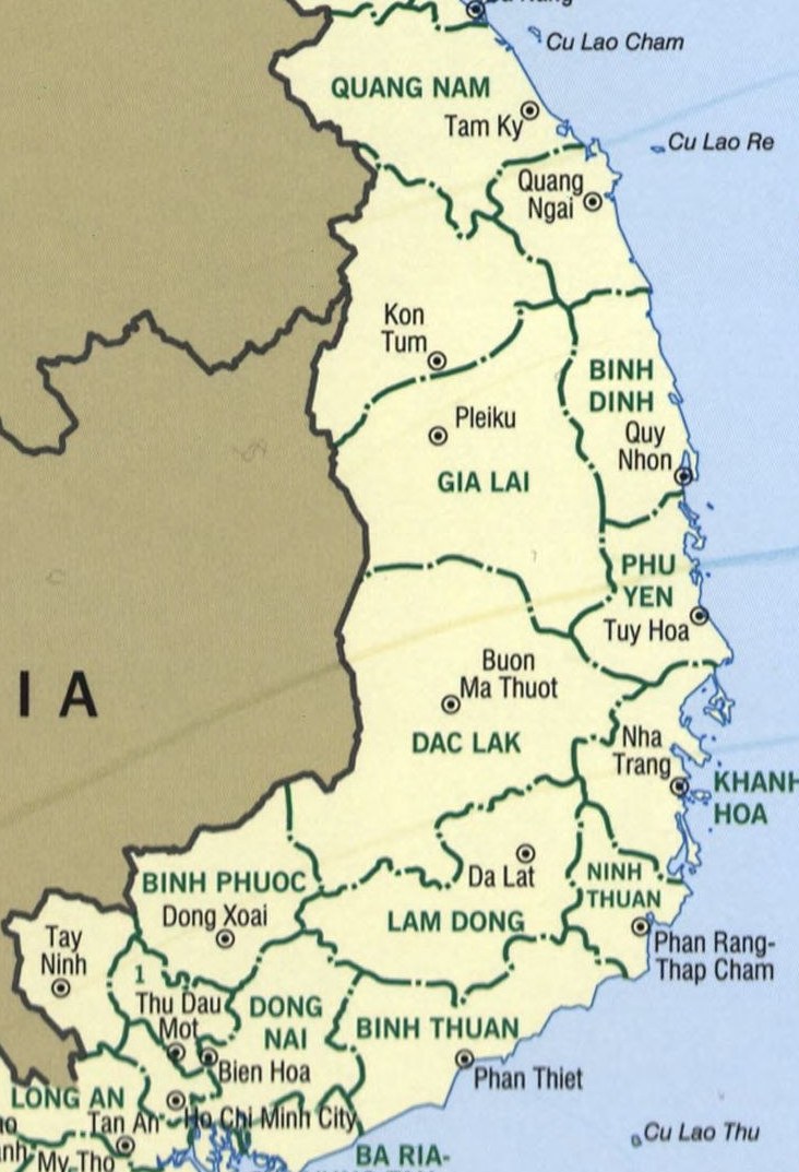 A map of south-central Vietnam showing the provinces of Kon Tum, Gia Lai, Dac Lak, Binh Phuoc and Lam Dong, with the coastal provinces from Quang Nam to Binh Thuan