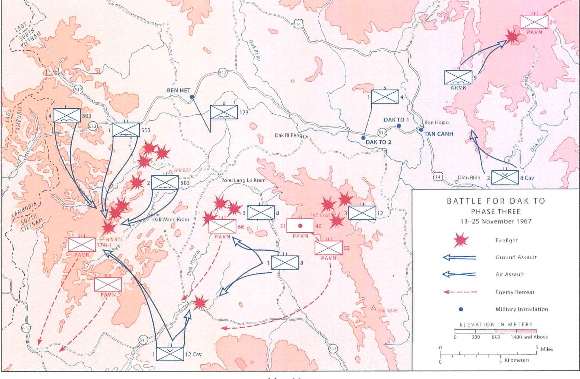 Military map of the hills around Dak To with unit positions and hill numbers