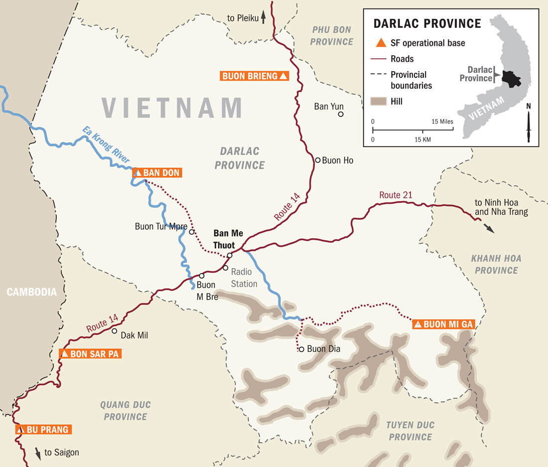 Map of Darlac Province marking the Special Forces camps at Buon Brieng, Ban Don, Buon Mi Ga, Bon Sar Pa and Bu Prang around Ban Me Thuot, with the Cambodian border to the west