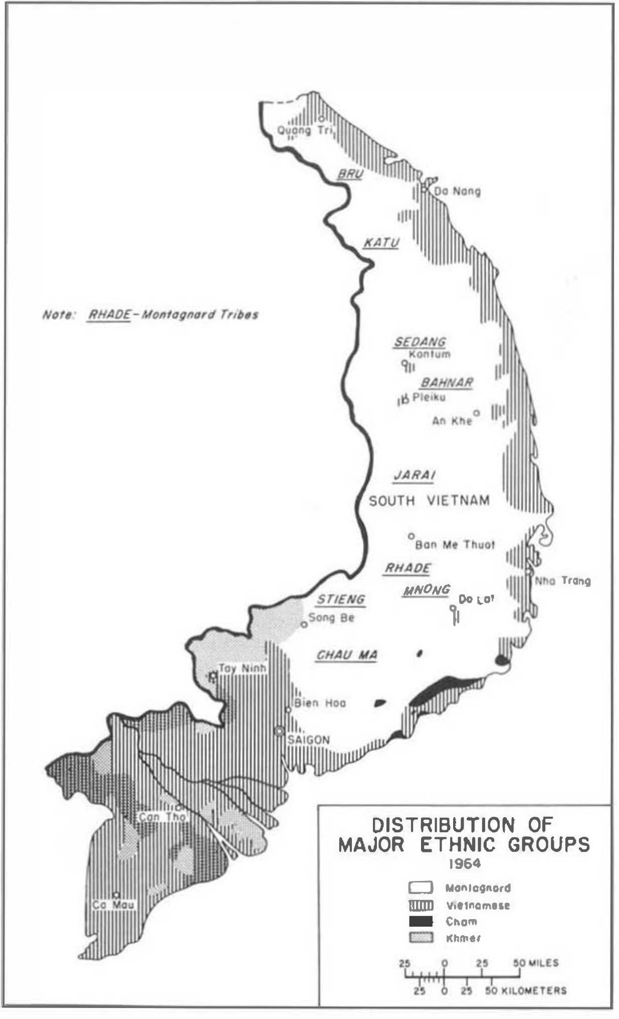 A black and white map of South Vietnam with the highland interior left white and the coast hatched