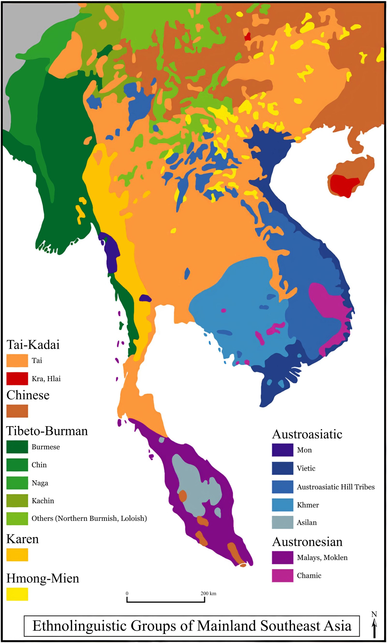 A map of mainland Southeast Asia colored by language family
