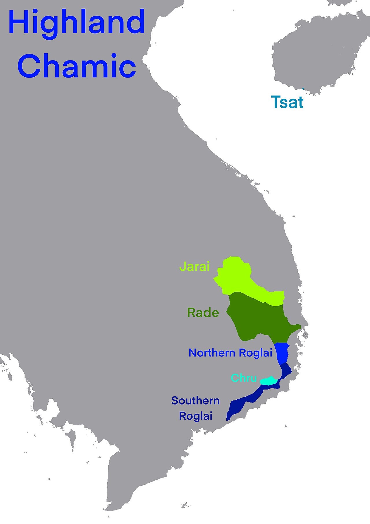 A map of southern Vietnam with the areas of Jarai, Rhade, Northern Roglai and Southern Roglai colored
